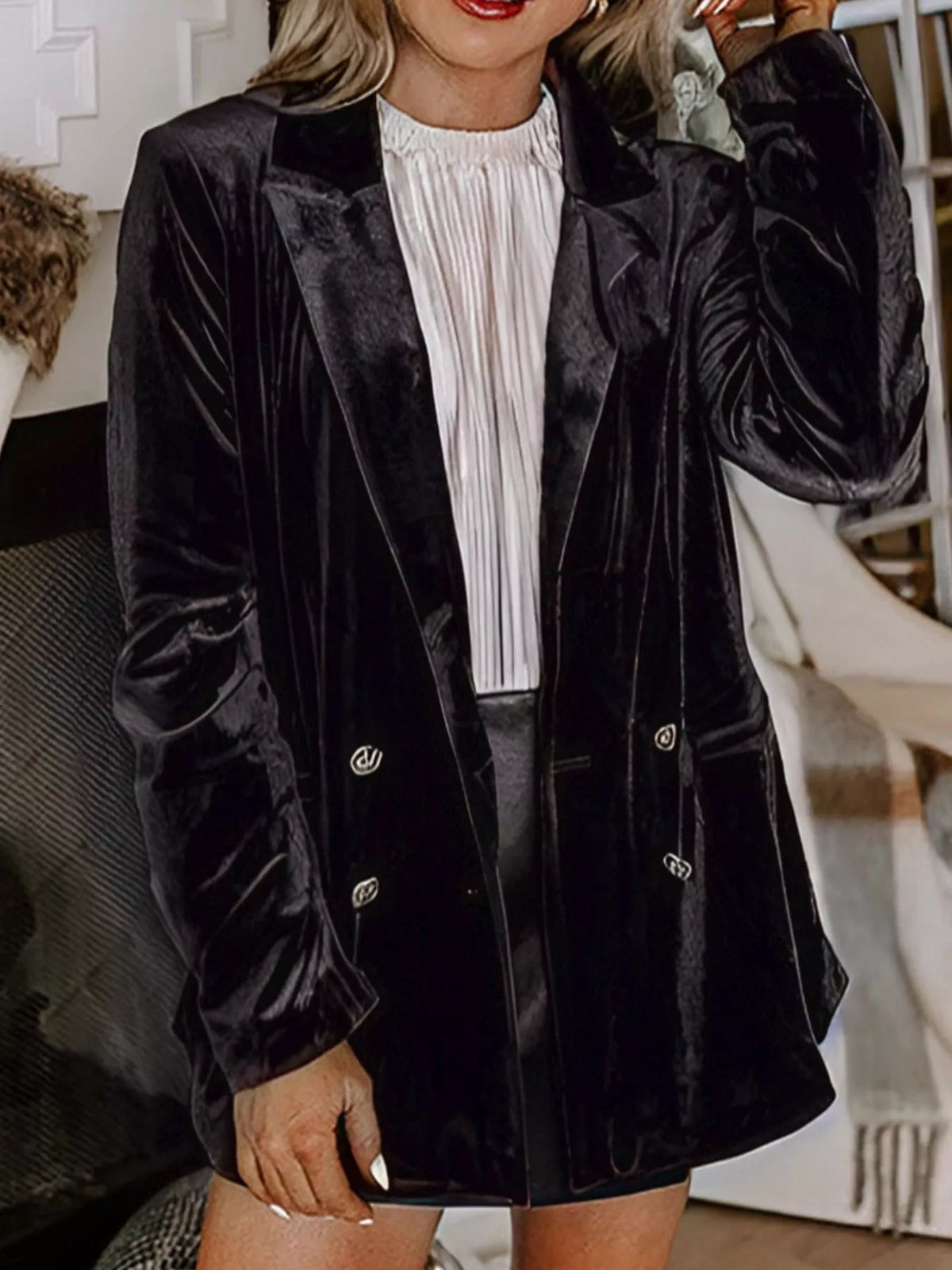 Velvet Lapel Collar Button Up Blazer - Lilixa.store