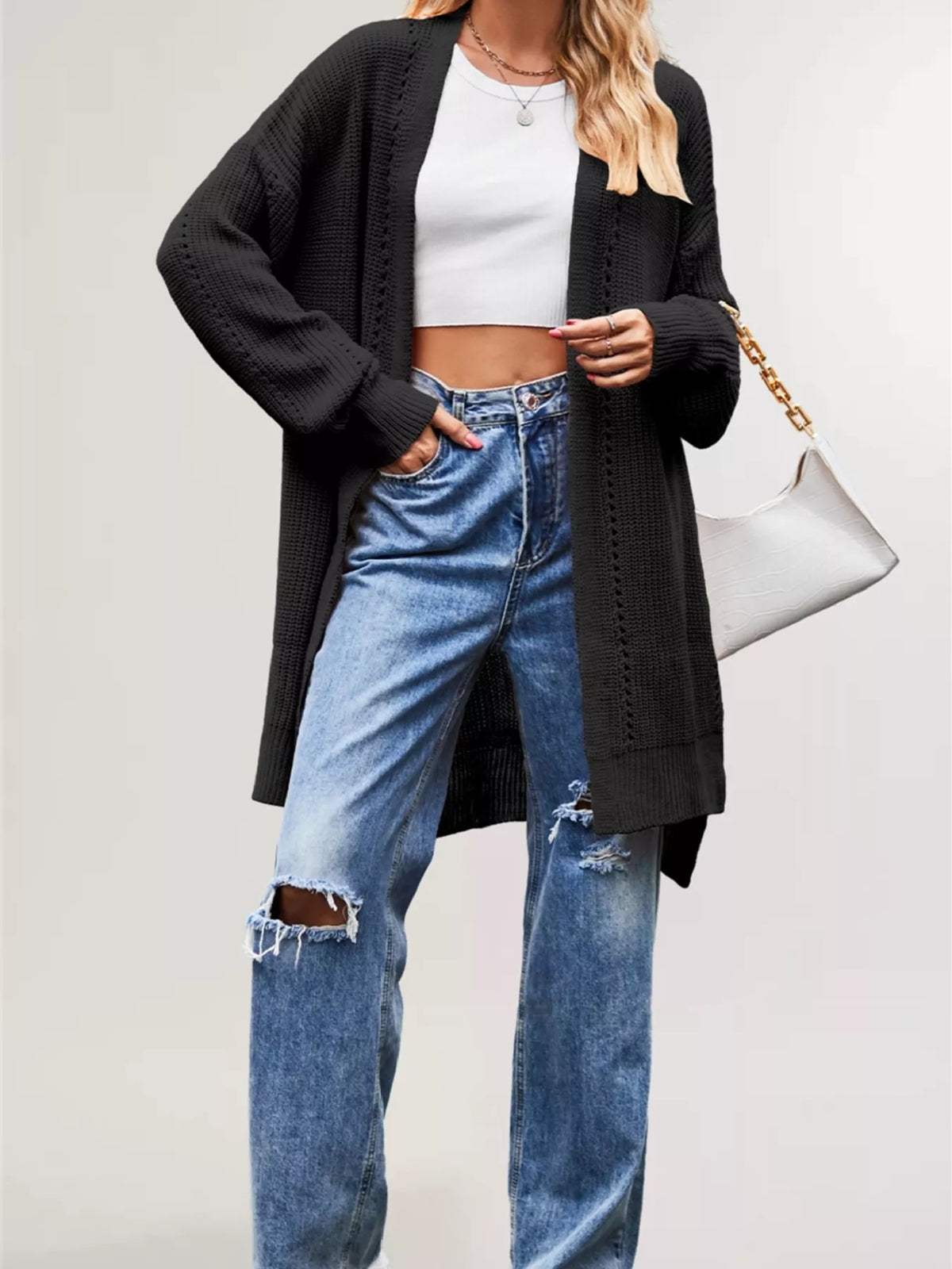 Open Front Openwork Knit Longline Cardigan - Lilixa.store