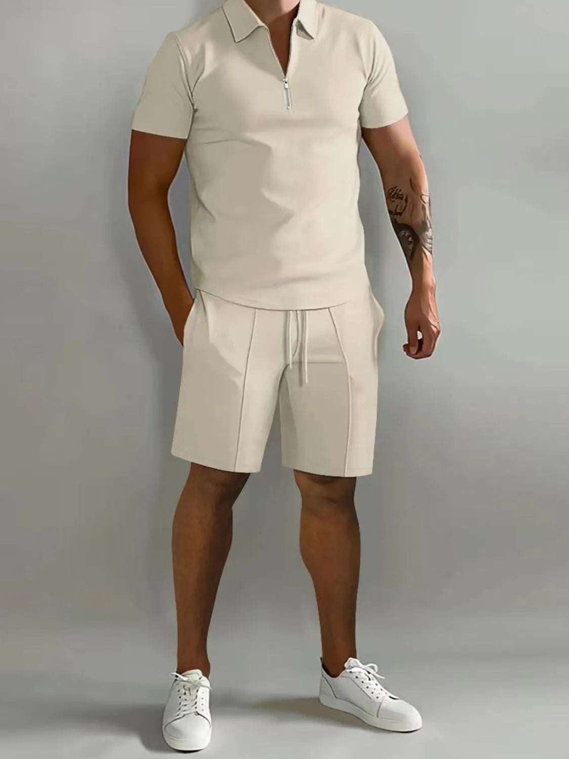 Men's Full Size Collared Neck Short Sleeve Top and Shorts Set Plus Size in Tan