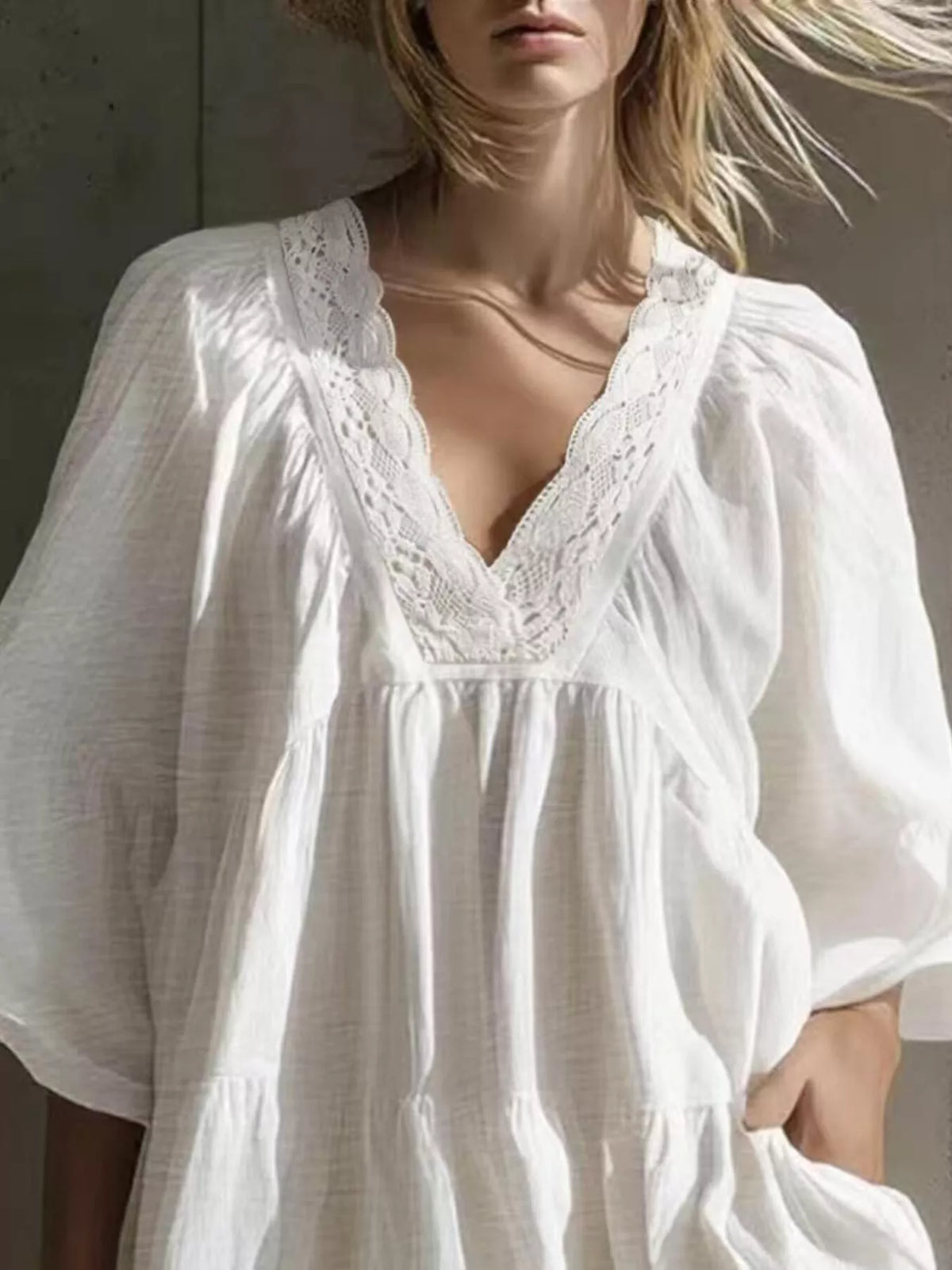 Full Size Lace Trim Puff Sleeve Mini Dress Plus Size