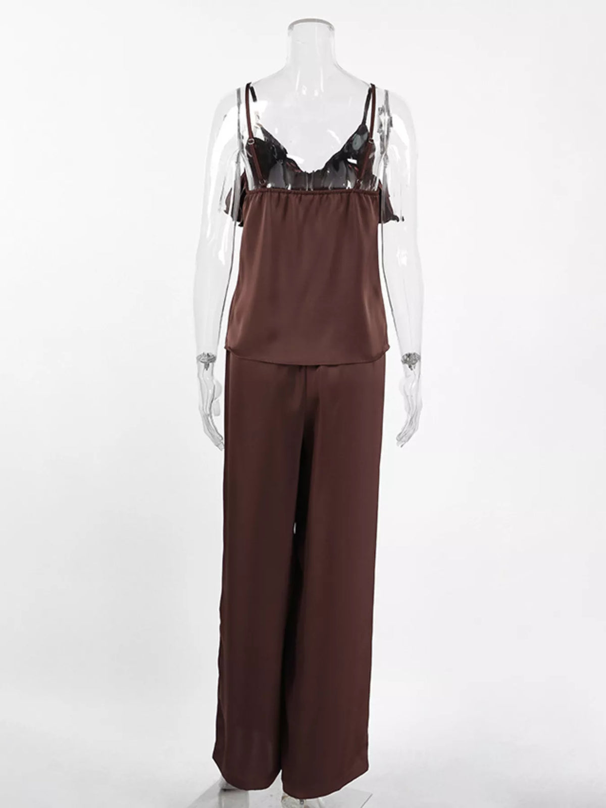 Ruffle V-Neck Cami and Wide-Leg Pants Two-Piece Set in Brown, view 9
