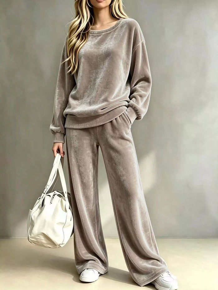 Full Size Velvet Dropped Shoulder Top and Wide-Leg Pants Set Plus Size in Khaki