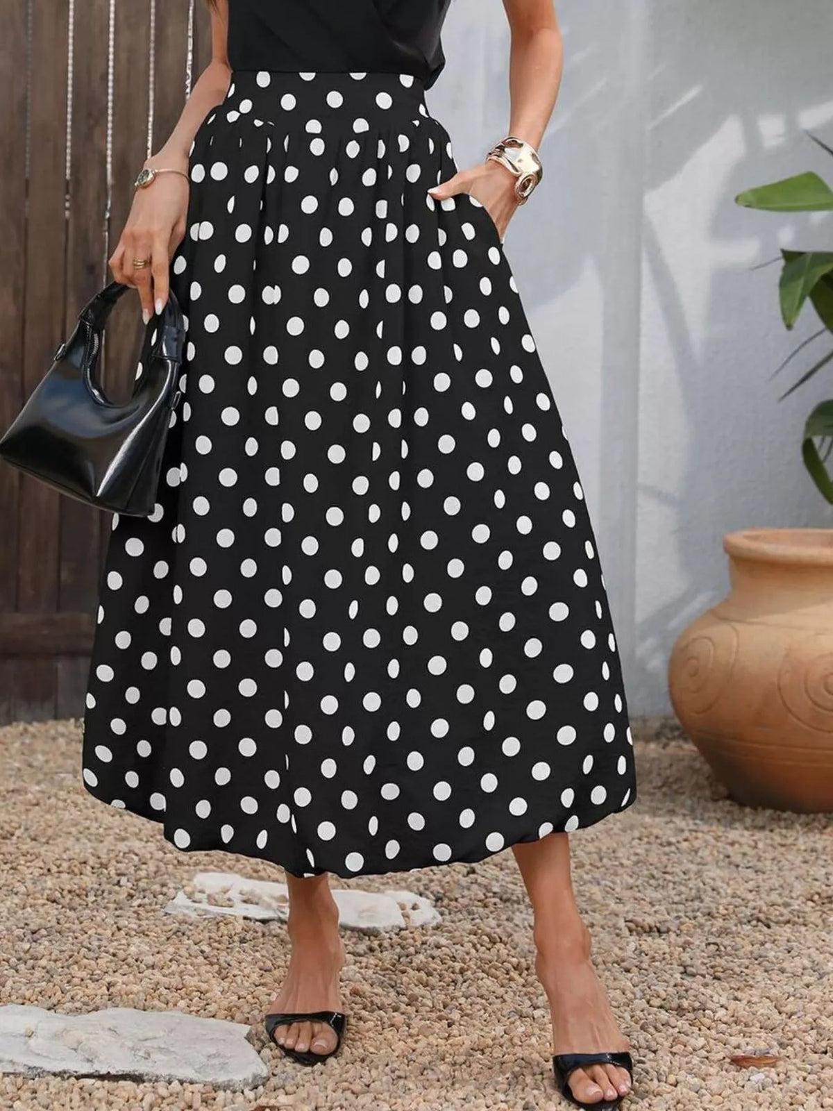 High-Waisted Polka Dot A-Line Midi Skirt in Black