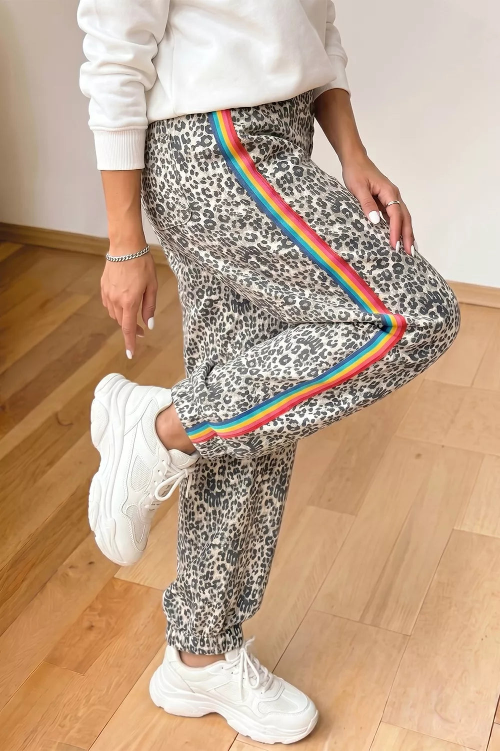 Leopard Print Rainbow Striped Detail Buttoned Loose Jogger Jeans - Lilixa.store