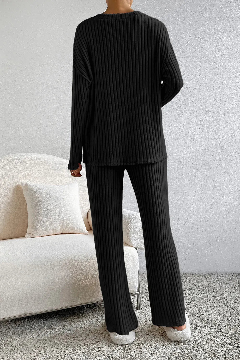 Ribbed V-Neck Top and Pants Lounge Set - Lilixa.store