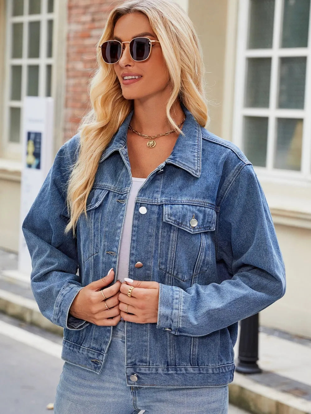 Pocketed Collared Neck Denim Jacket in Black, view 5
