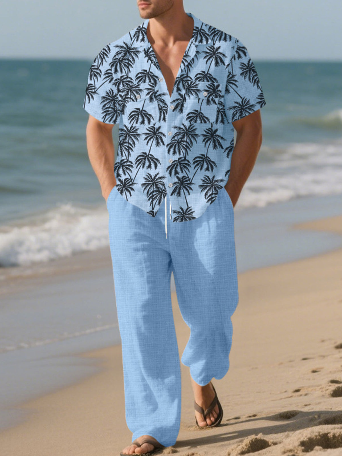 Men's Full Size Tropical Palm Print Button Up Shirt and Pants Set Plus Size - Lilixa.store