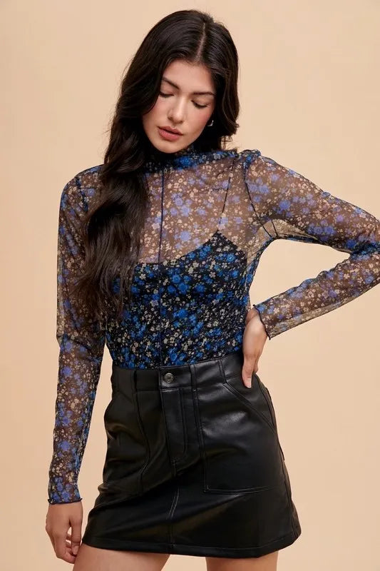 Annie Wear Floral Lettuce Hem Sheer Mesh Top in Black/Blue, view 4