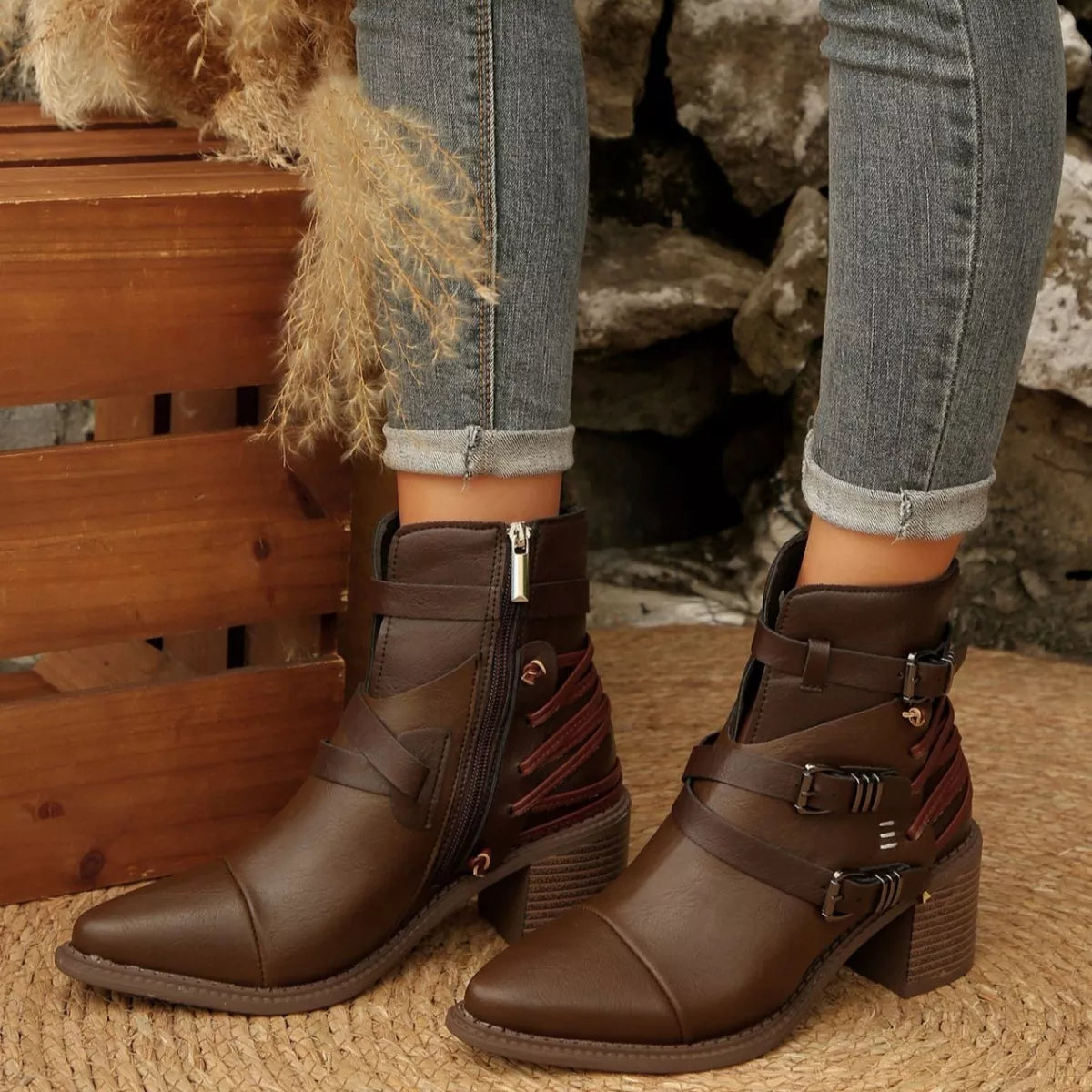 Point Toe Buckle Strap Ankle Boots with Block Heels - Lilixa.store