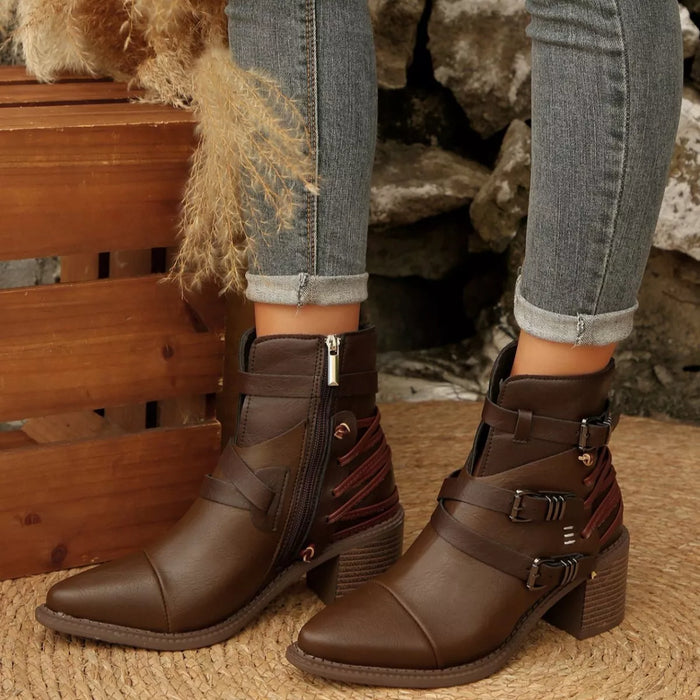 Point Toe Buckle Strap Ankle Boots with Block Heels - Lilixa.store