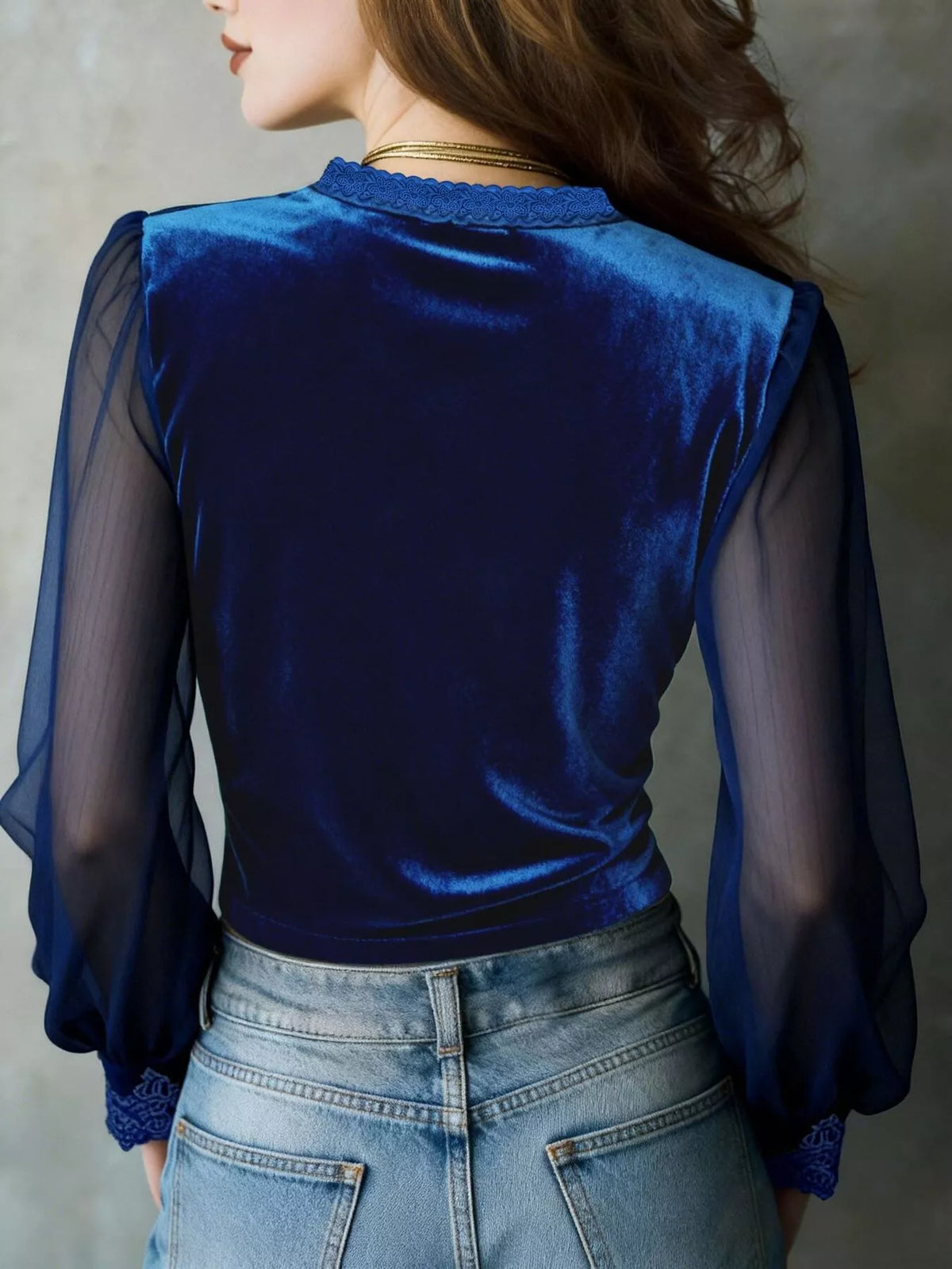 Lace Trim Sheer Long Sleeve Blouse, view 3