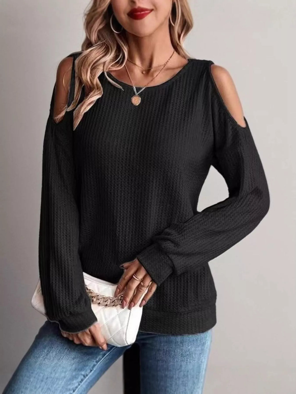 Solid Color Cold Shoulder Long Sleeve T-Shirt - Lilixa.store