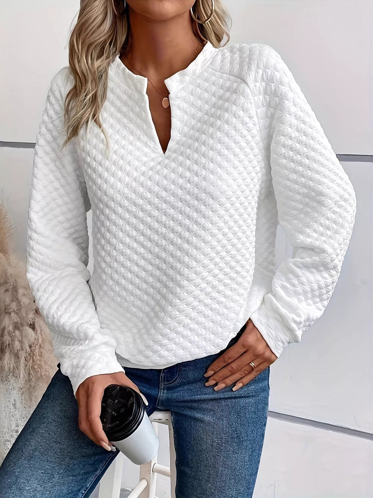 Quilted Texture Long Sleeve Sweatshirt with Notched Neck - Lilixa.store