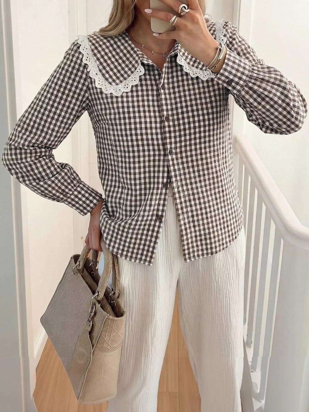 Lace Peter Pan Collar Button Up Shirt, view 7