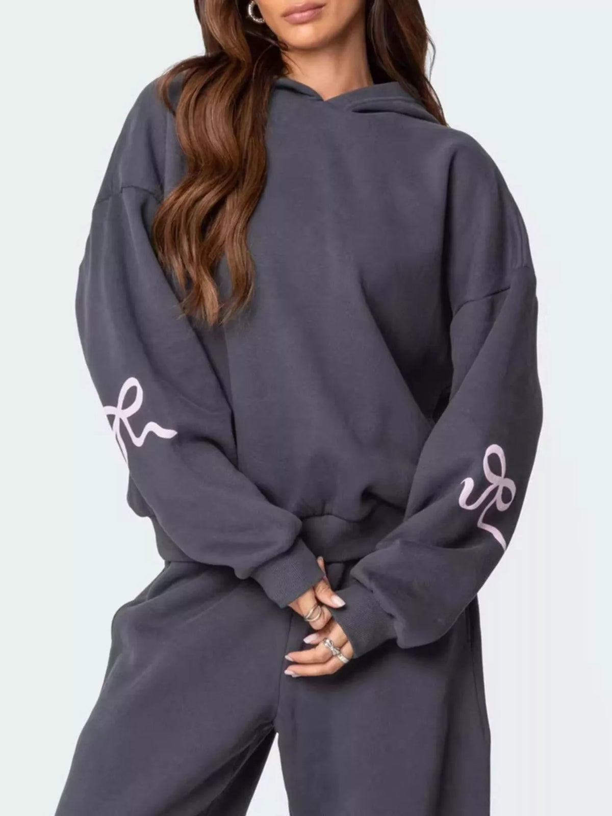 Bow and Heart Dropped Shoulder Hoodie and Pants Set - Lilixa.store