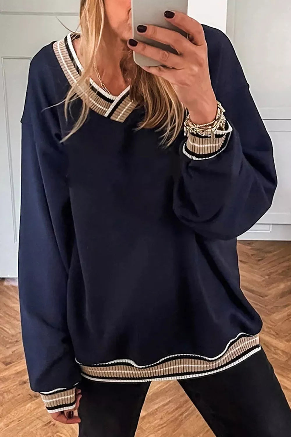 Contrast Striped Trim V Neck Sweatshirt - Lilixa.store