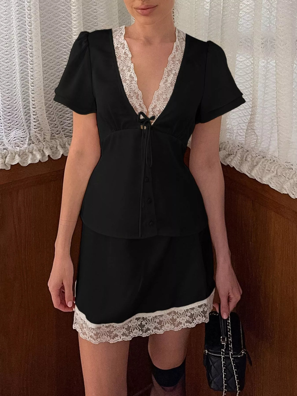Lace Detail Short Sleeve Top and Skirt Set in Black