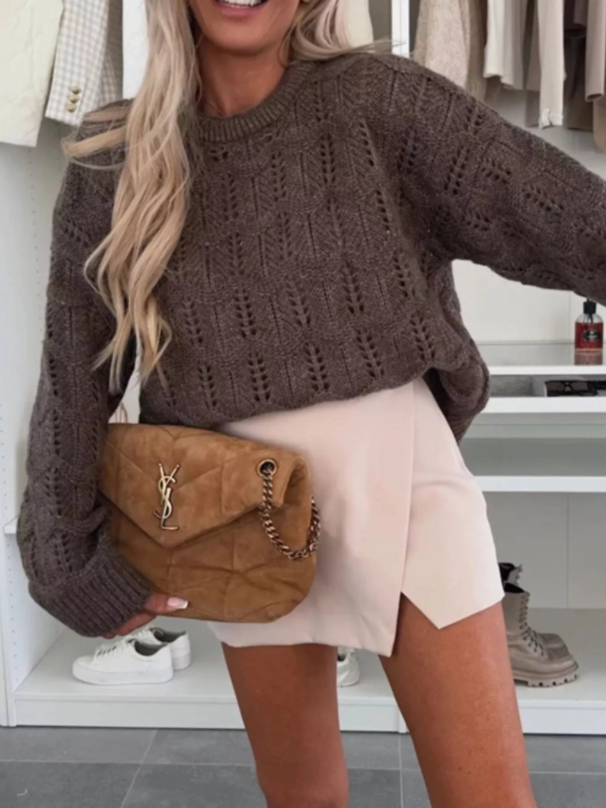 Openwork Round Neck Sweater - Lilixa.store