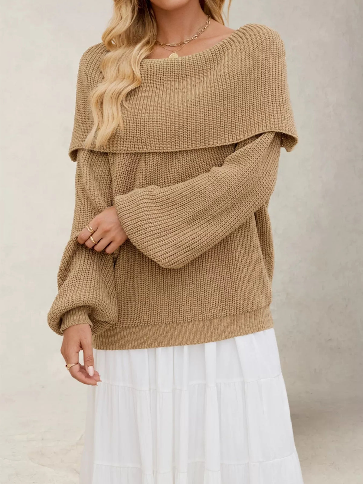 Off-Shoulder Long Sleeve Sweater - Lilixa.store