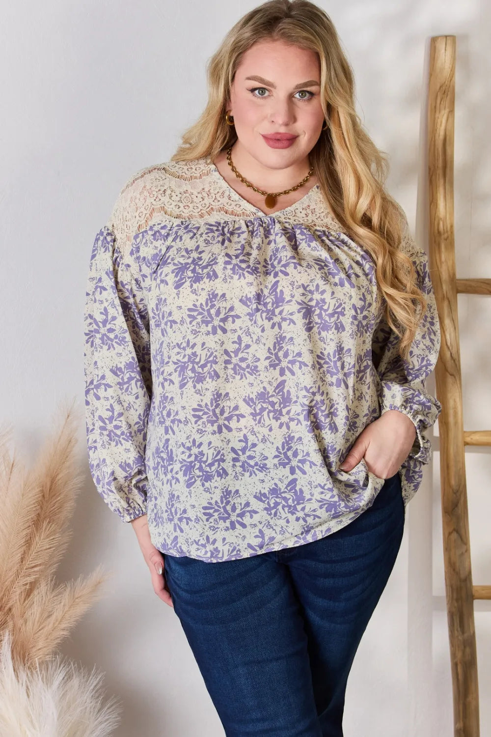 Hailey & Co Full Size Lace Detail Printed Blouse - Lilixa.store