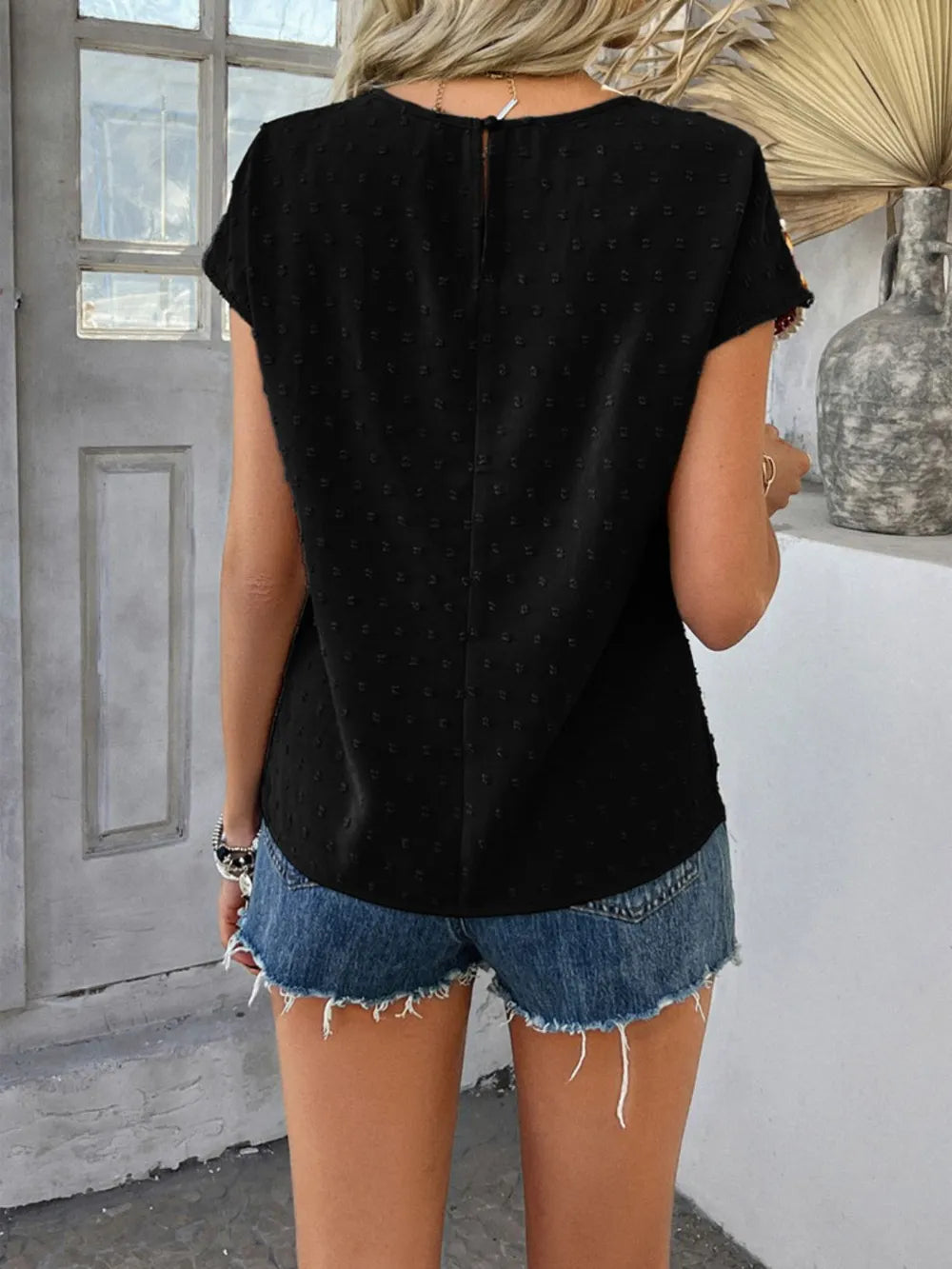 Devine Swiss Dot Round Neck Crochet Short Sleeve Top, view 17