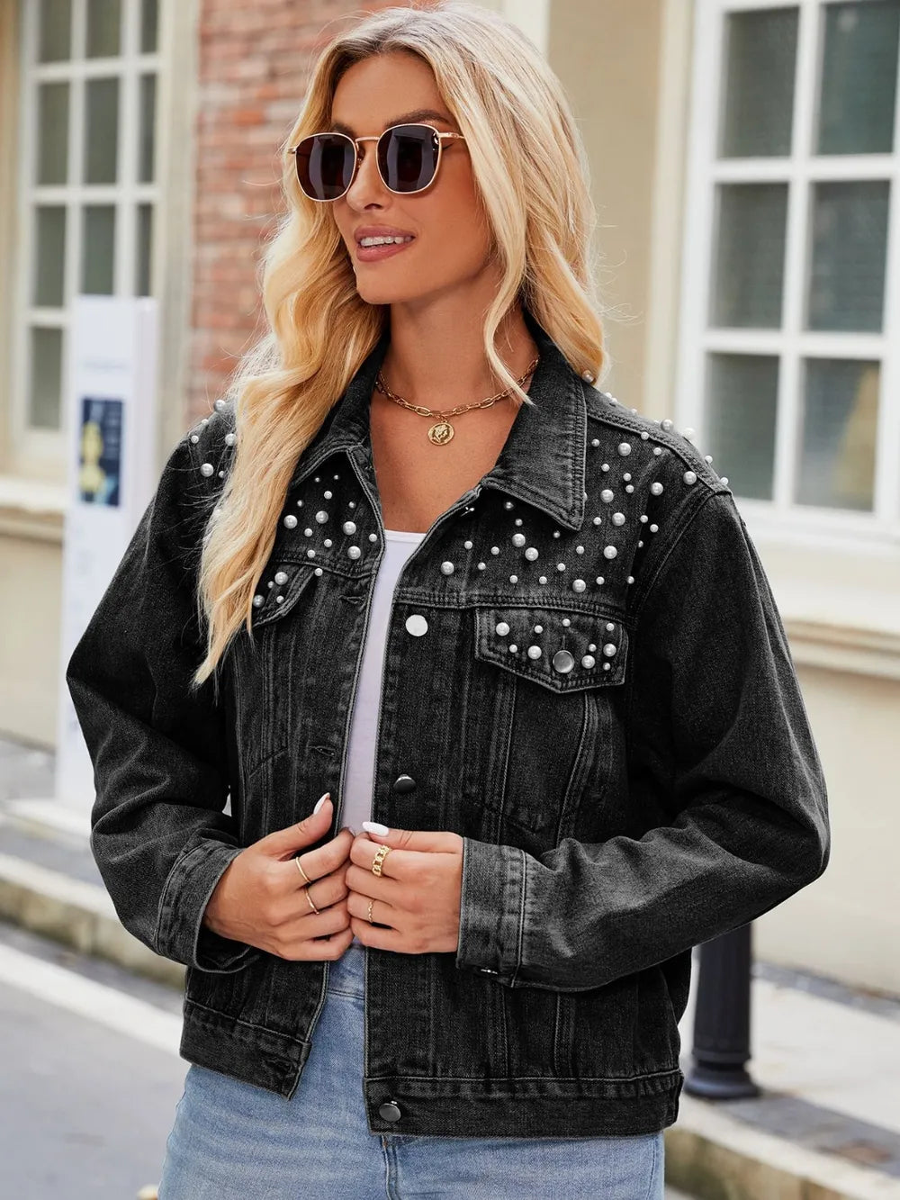 Pearl Detail Collared Neck Long Sleeve Denim Jacket in Black, view 3