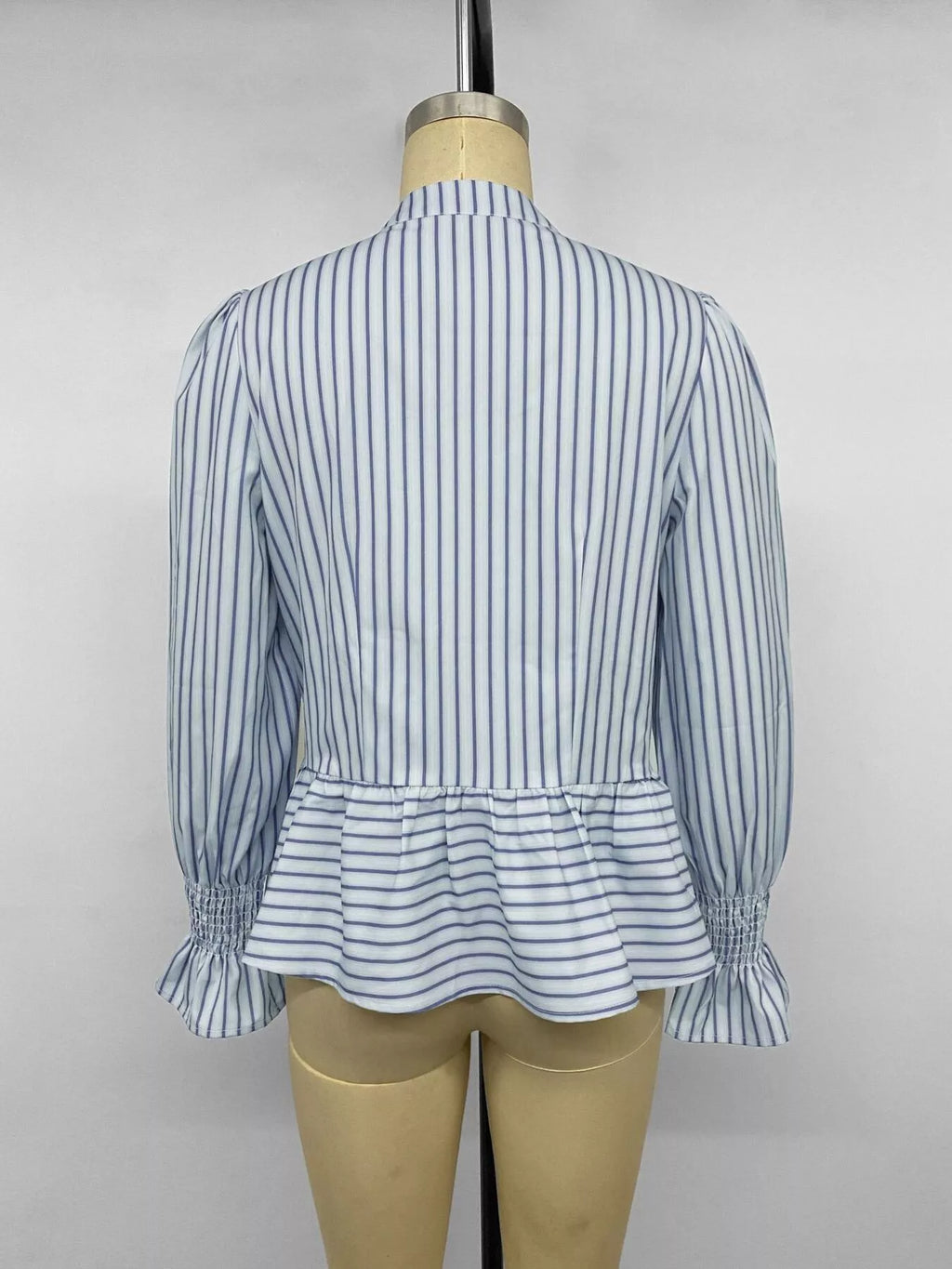 Striped Mandarin Knot Buttons Peplum Hem Shirt - Lilixa.store
