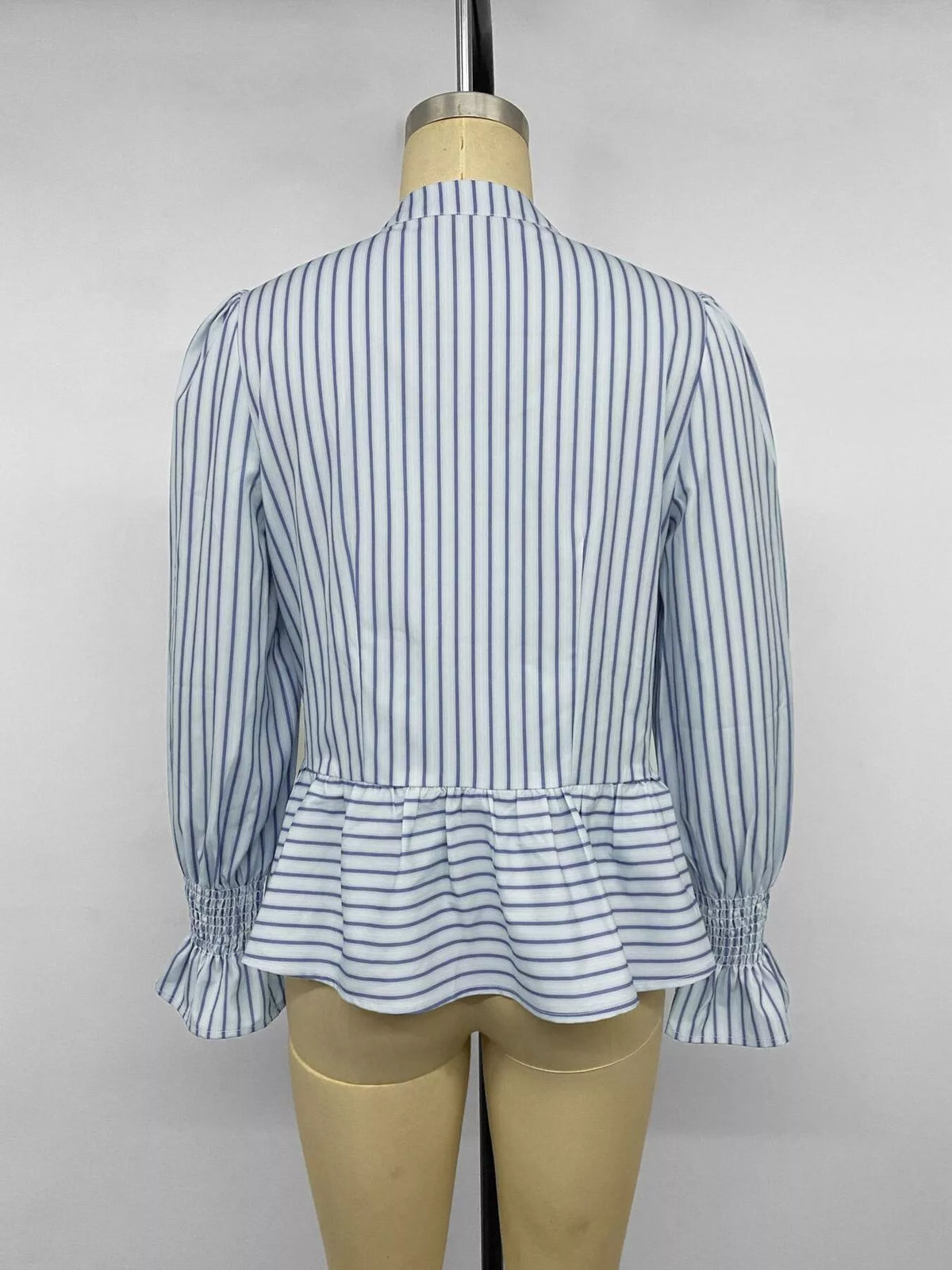 Striped Mandarin Knot Buttons Peplum Hem Shirt - Lilixa.store