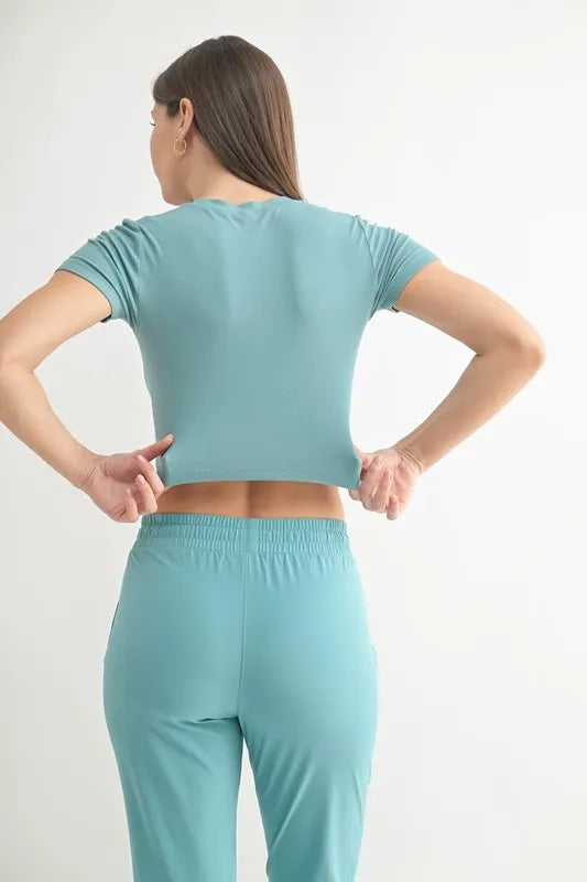 MONO B Essential Micro-ribbed Cropped Athleisure Tee in Grey Teal, view 3