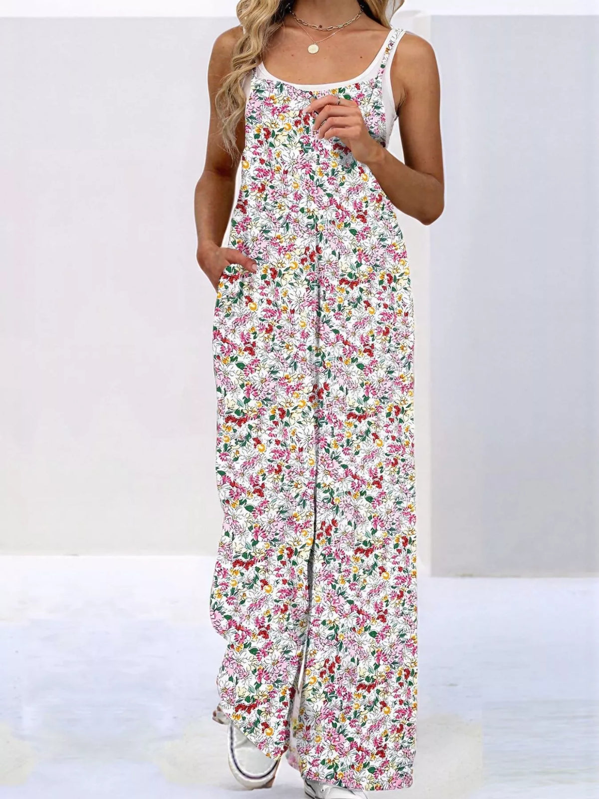 Full Size Floral Print Wide Leg Casual Jumpsuit Plus Size - Lilixa.store