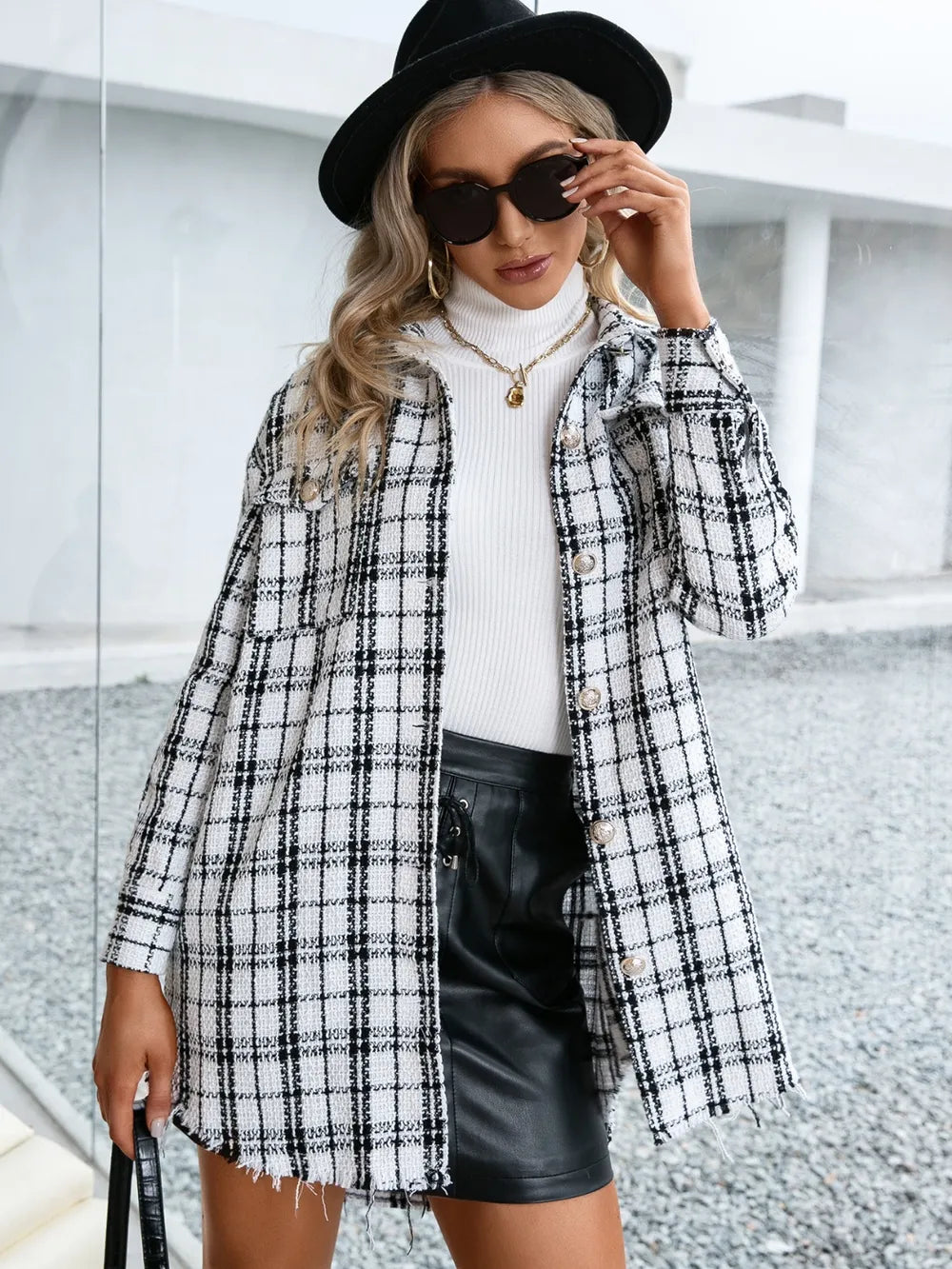 Ivy Lane Plaid Pocketed Button Up Dropped Shoulder Jacket in White, view 3