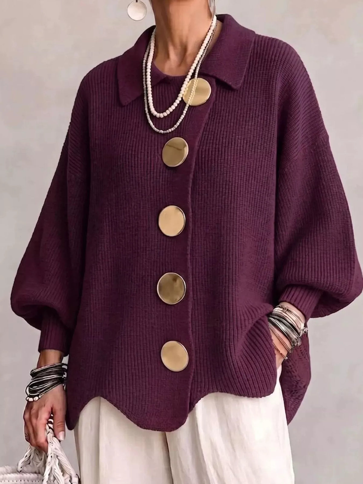 Full Size Gold Buttons Lantern Sleeve Cardigan Plus Size - Lilixa.store