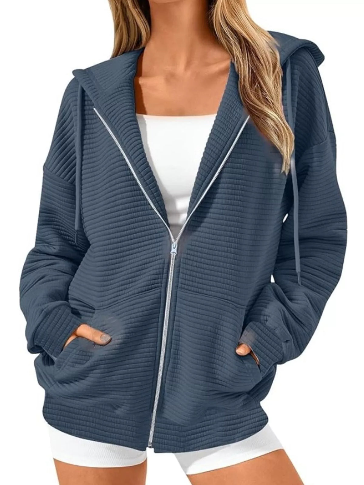 Drawstring Zip Up Dropped Shoulder Hoodie - Lilixa.store