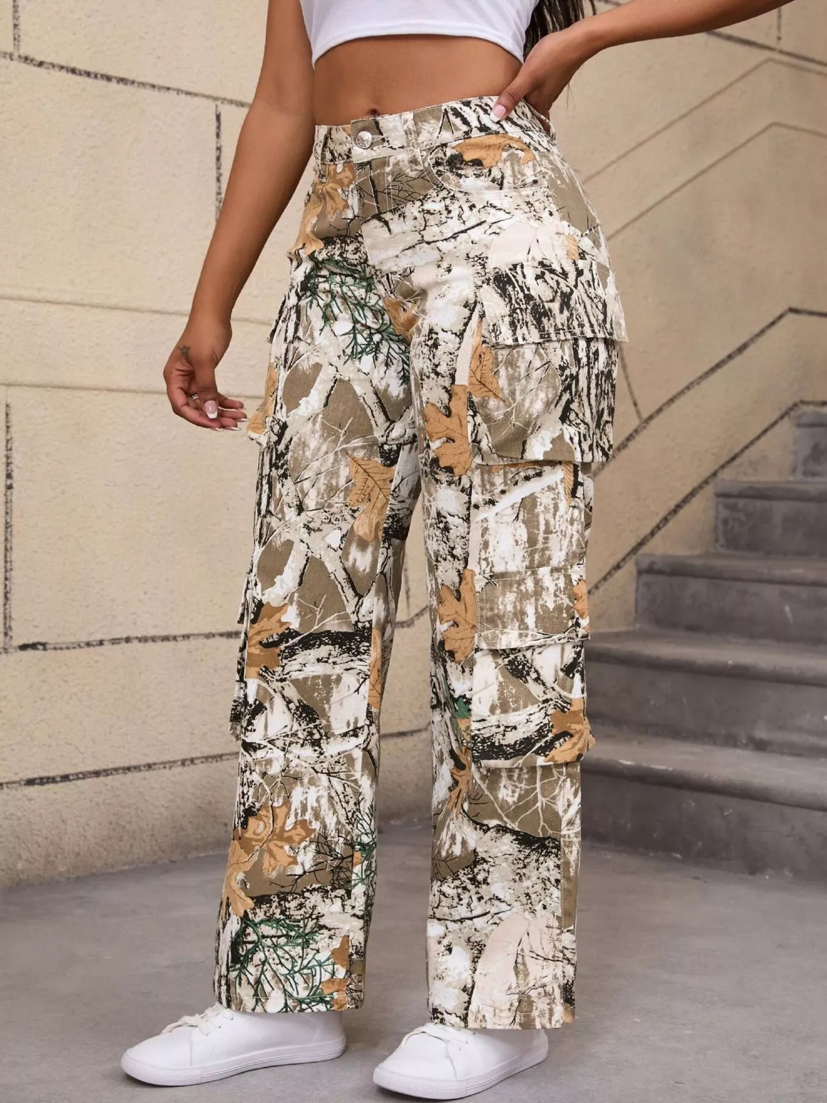 High-Waisted Camouflage Print Cargo Pants, view 4