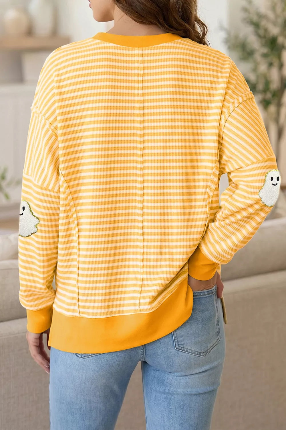 Stripe Halloween Ghost Patch Round Neck Long Sleeve Top - Lilixa.store