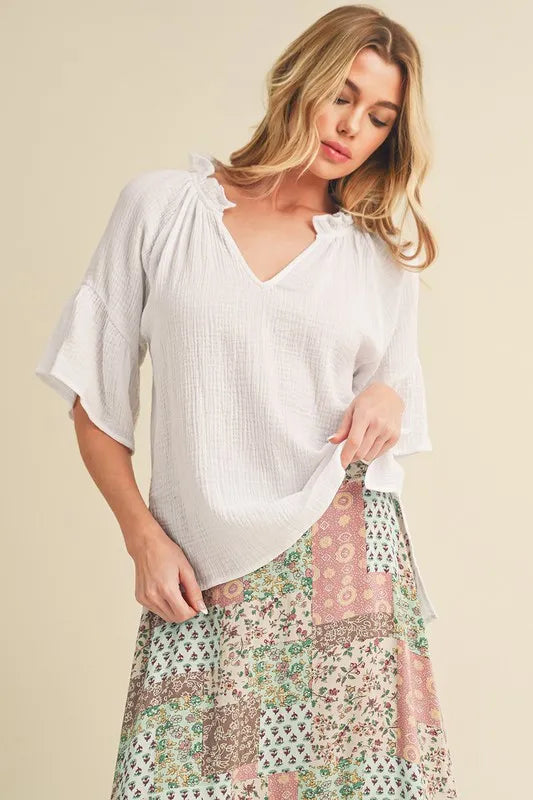 Aemi + Co Side Slit Notched Ruffled Half Sleeve Blouse - Lilixa.store