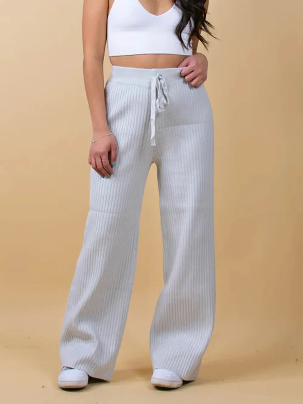 Ribbed Wide Leg Sweater Pants in Light Gray