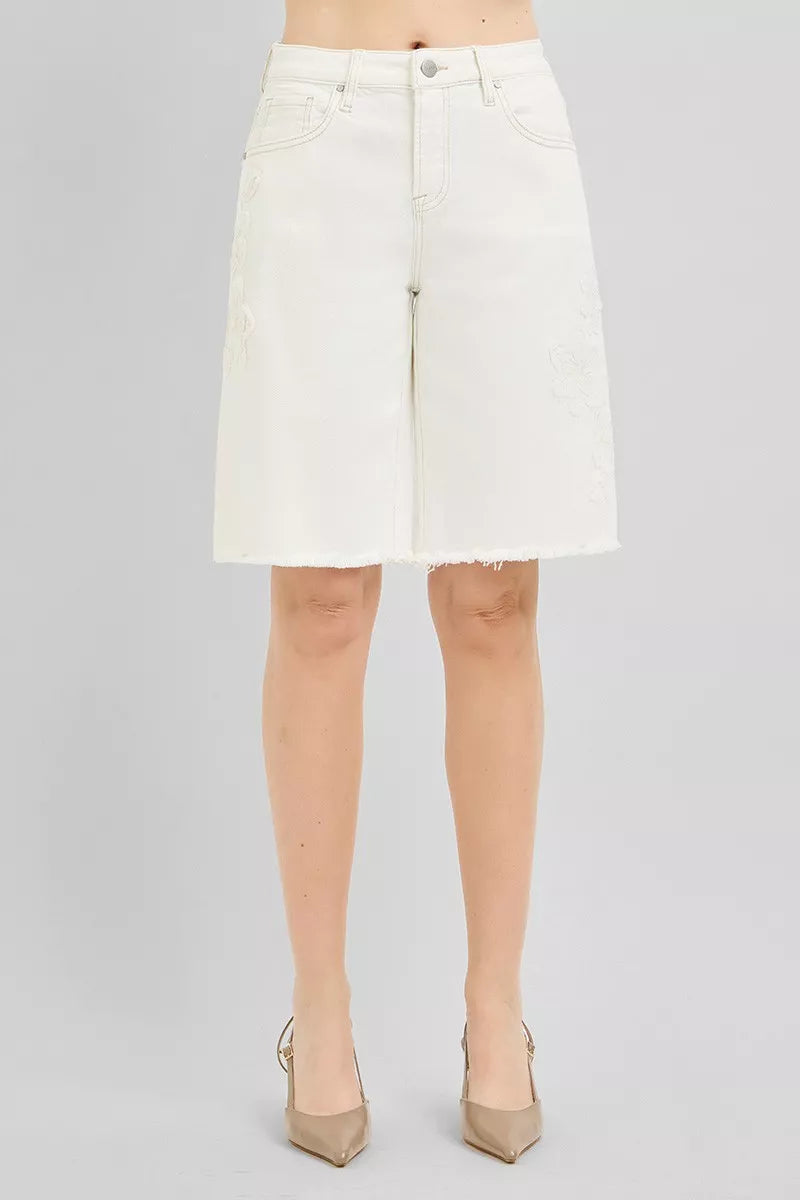RISEN Slouchy Relaxed Floral Embroidered Bermuda Denim Shorts in Cream, view 6