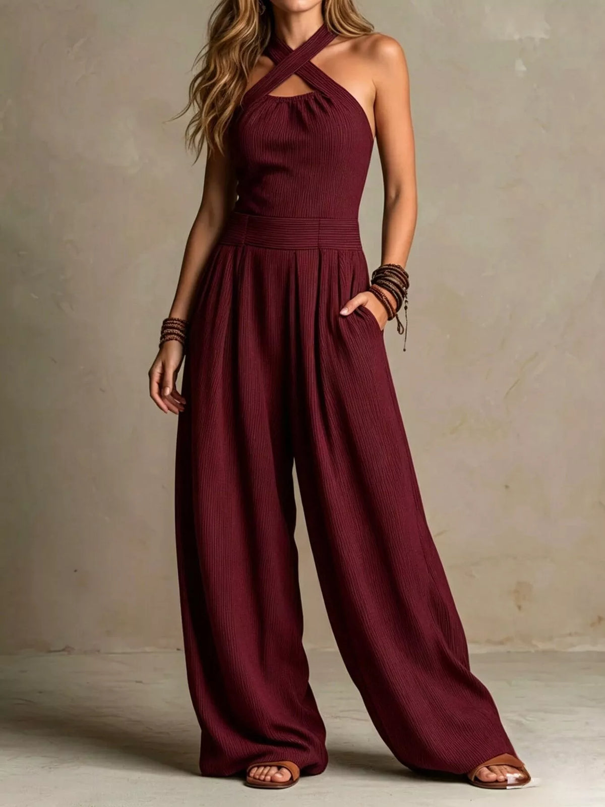 Halter Neck Wide-Leg Jumpsuit with Pockets - Lilixa.store