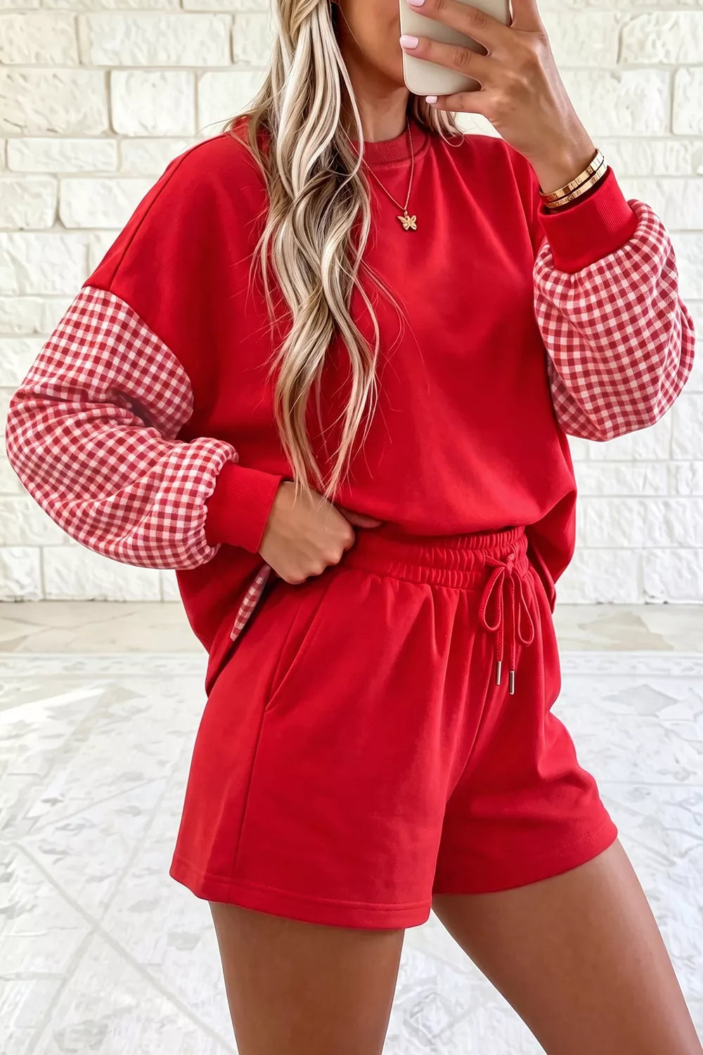Gingham Patchwork Long Sleeve Sweatshirt and Shorts Set - Lilixa.store