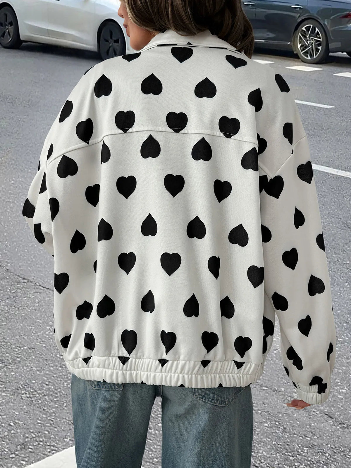 Heart Print Zip Up Jacket in White, view 6