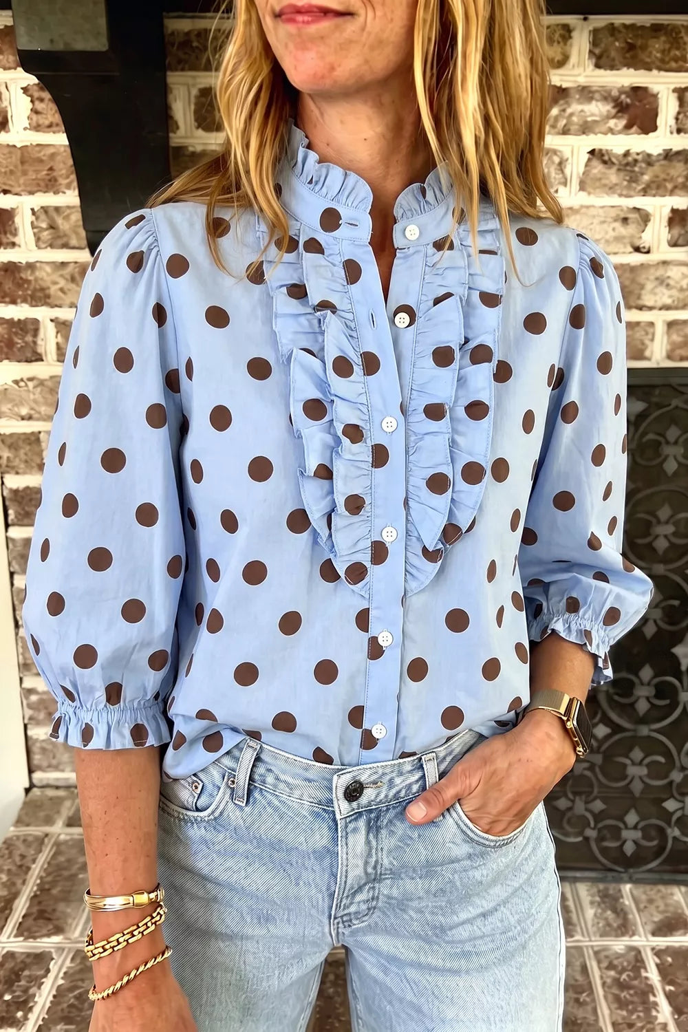 Polka Dot Ruffled Stand-Collar Shirt in Light Blue