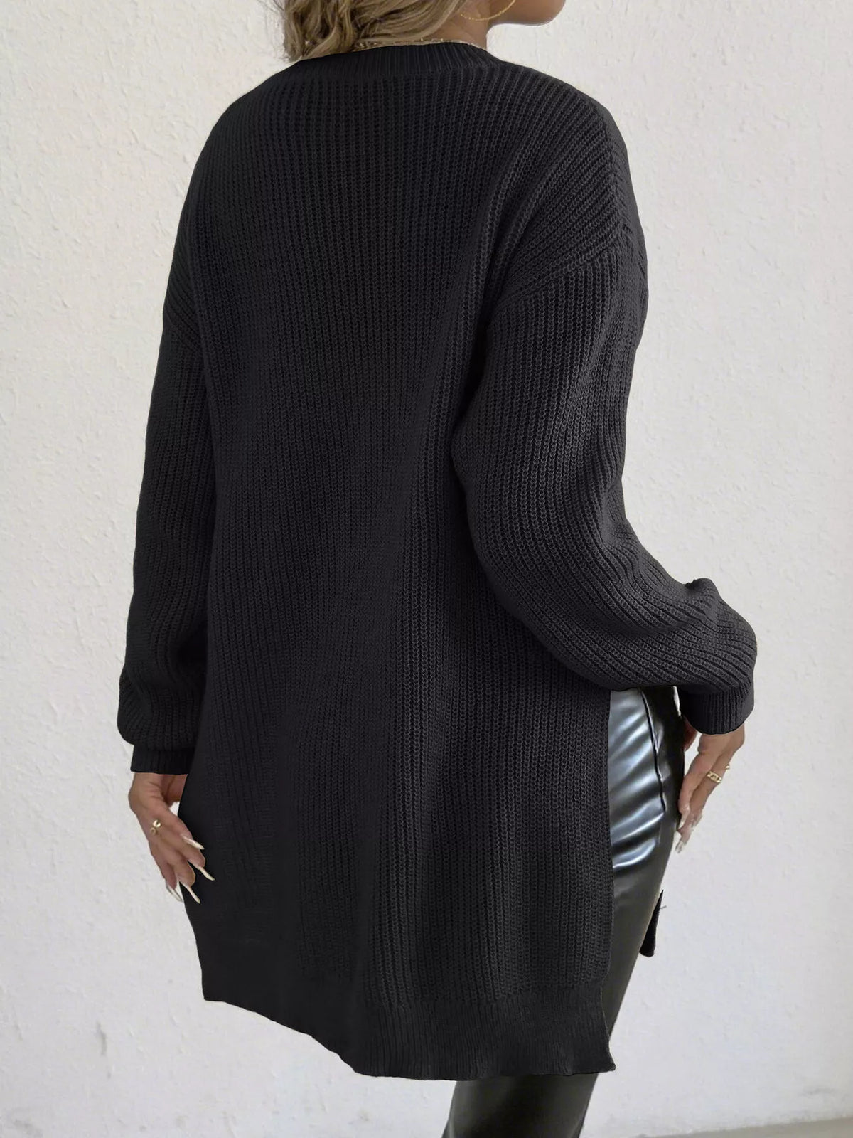 Side-Slit Dropped Shoulder Sweater - Lilixa.store