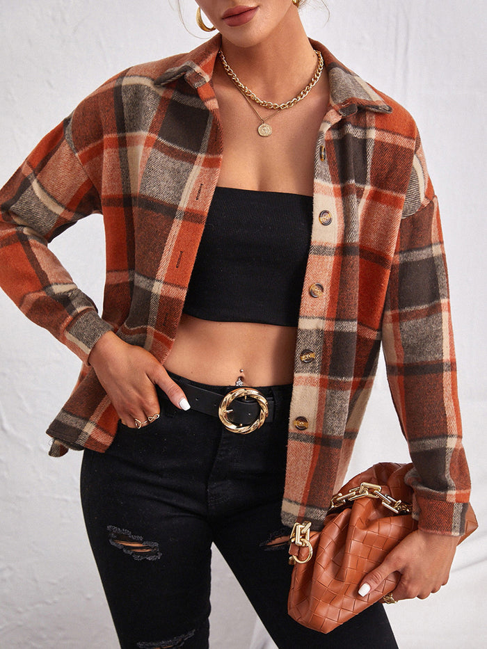 Plaid Collared Neck Button Down Jacket in Ochre