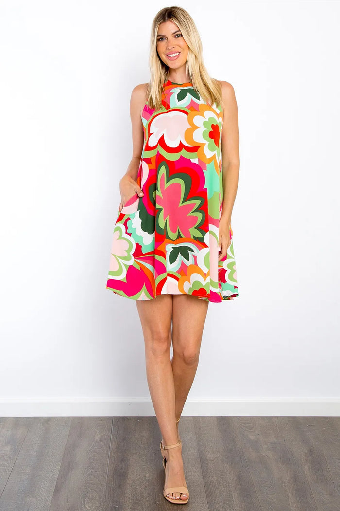 Be Stage Full Size Floral Sleeveless Mini Dress with Pockets - Lilixa.store