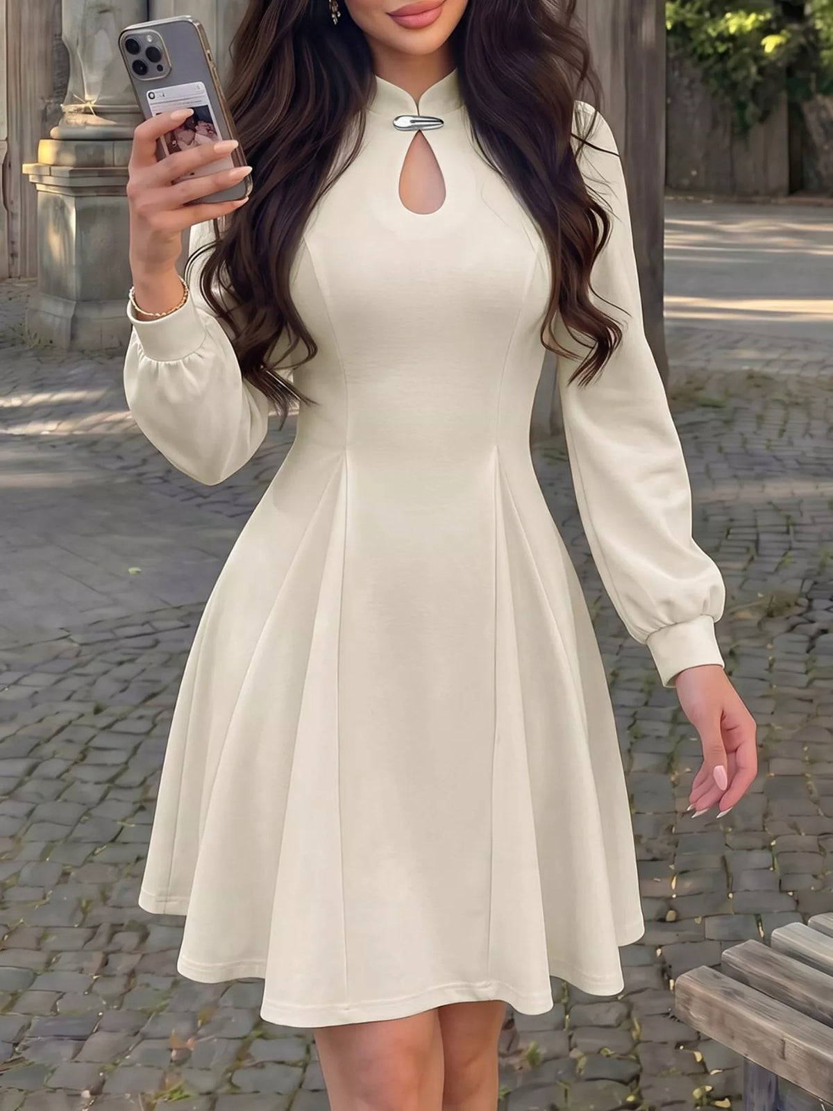 Keyhole Neckline Long Sleeve A-Line Mini Dress in Apricot, view 4