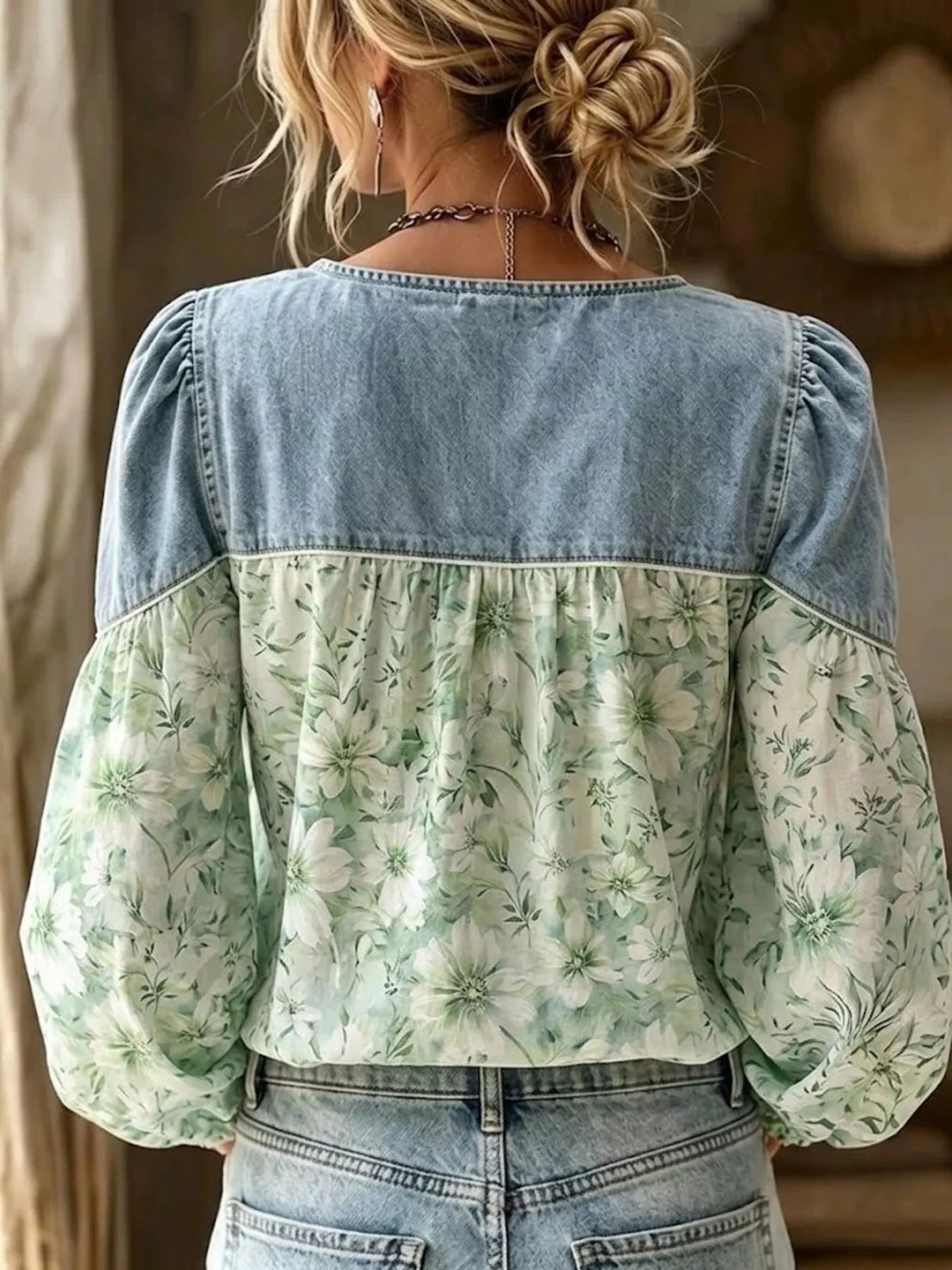 Full Size Denim Patchwork Floral Denim Top Plus Size