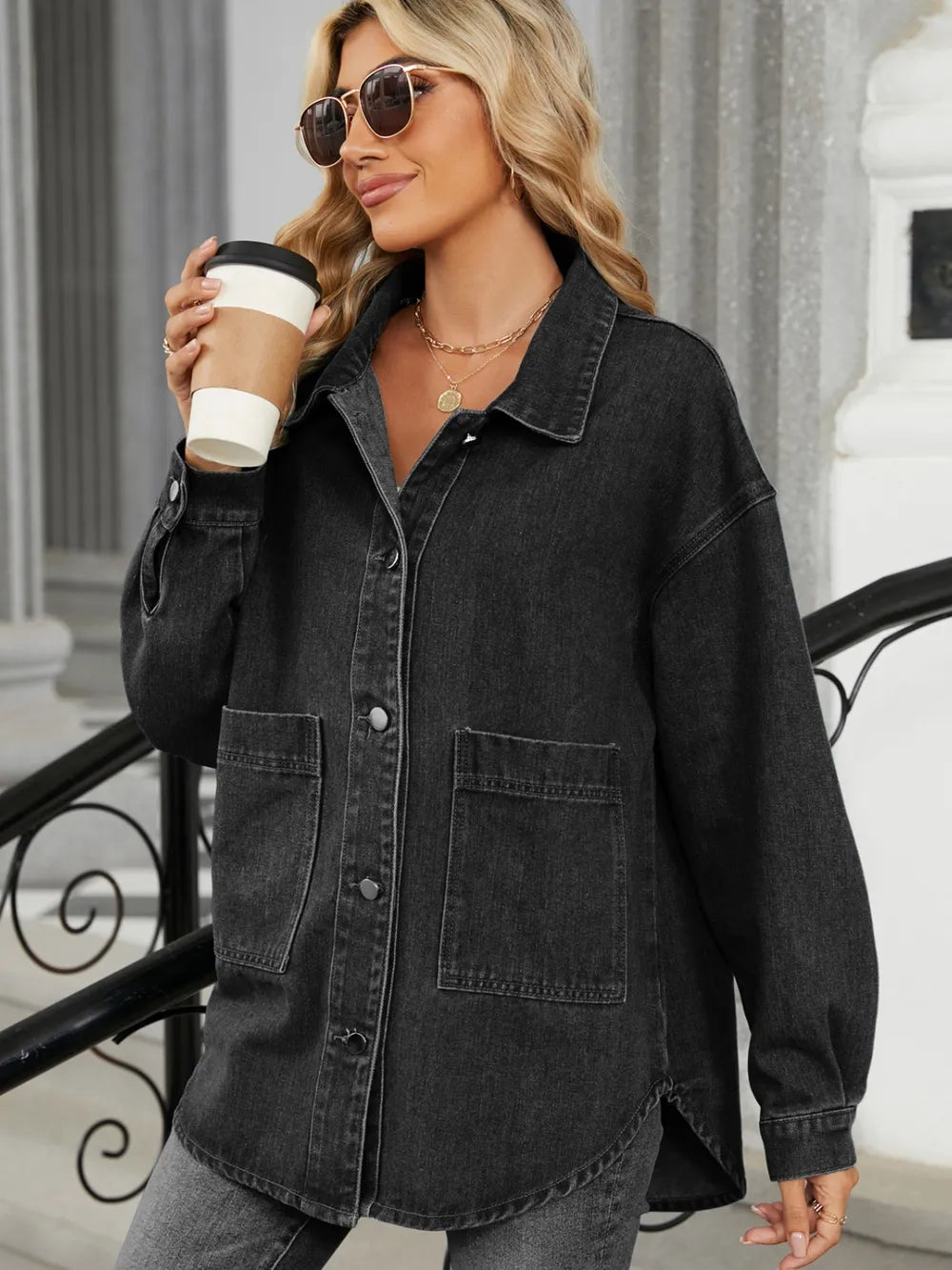 Removable Hood Button Up Long Sleeve Denim Jacket in Black, view 9