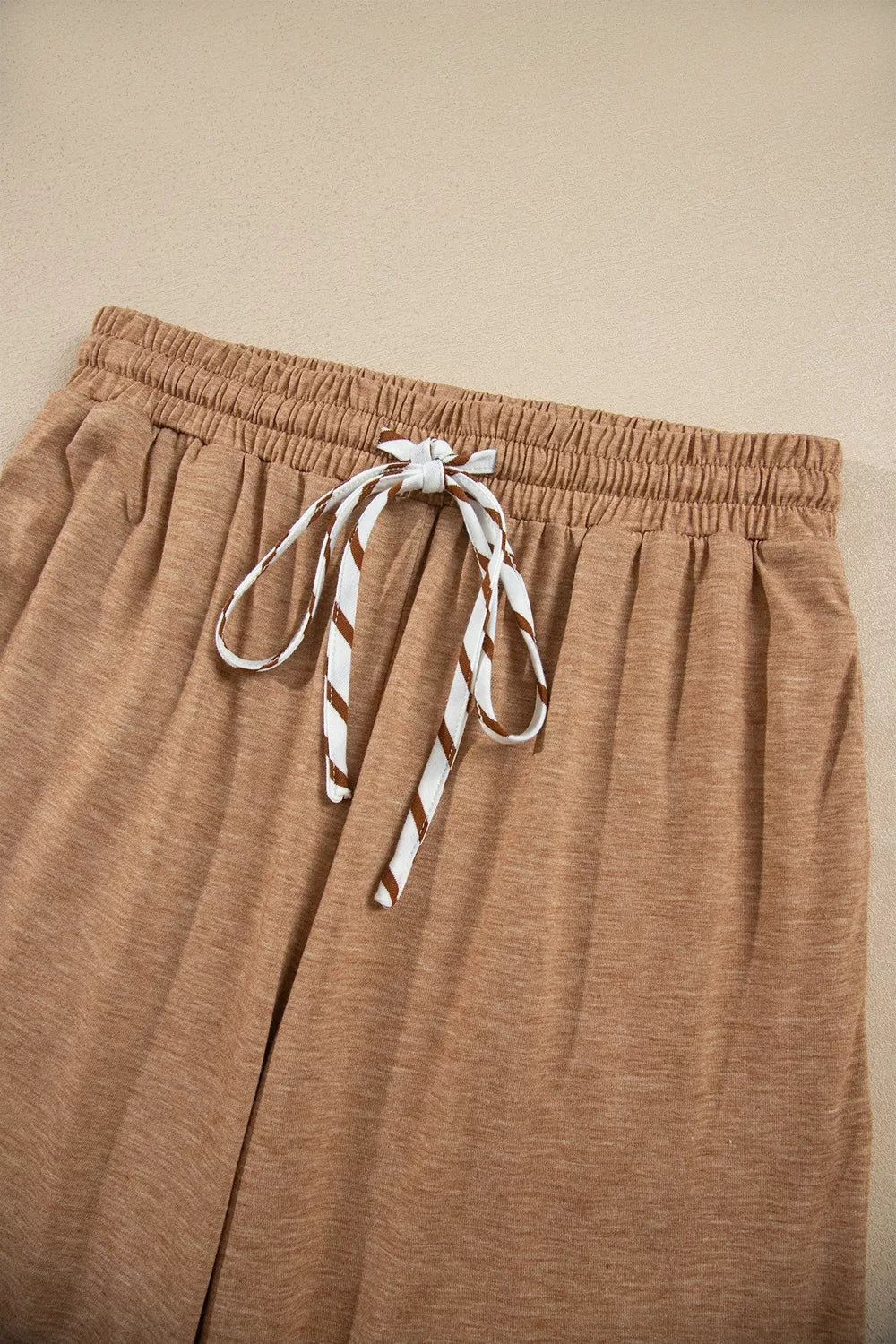 Stripe V Neck Ruffle Contrast Sleeve Top Drawstring Pants 2pcs Set - Lilixa.store