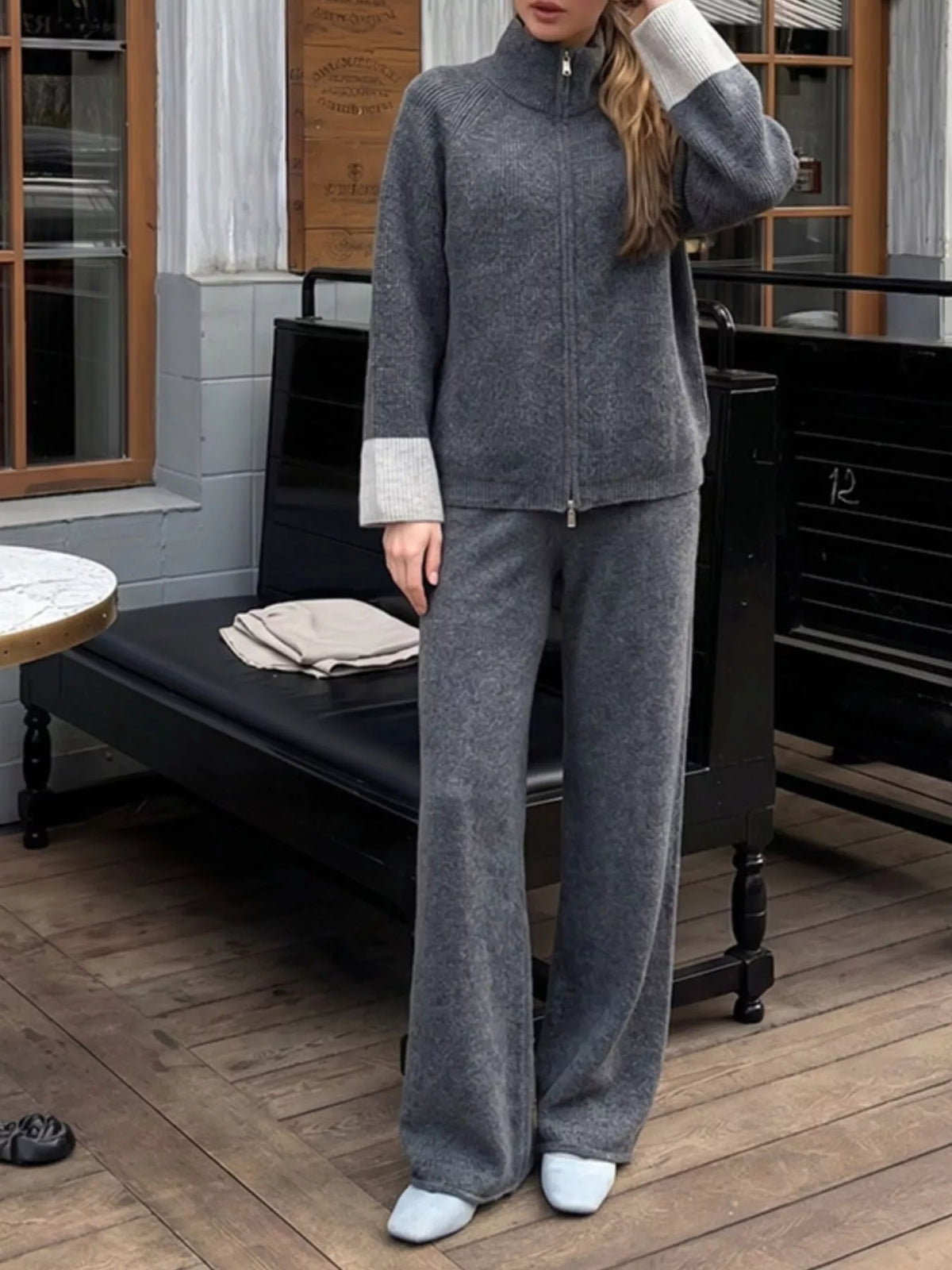 Zip-Up Contrast Cuff Cardigan and Pants Sweater Set, view 21